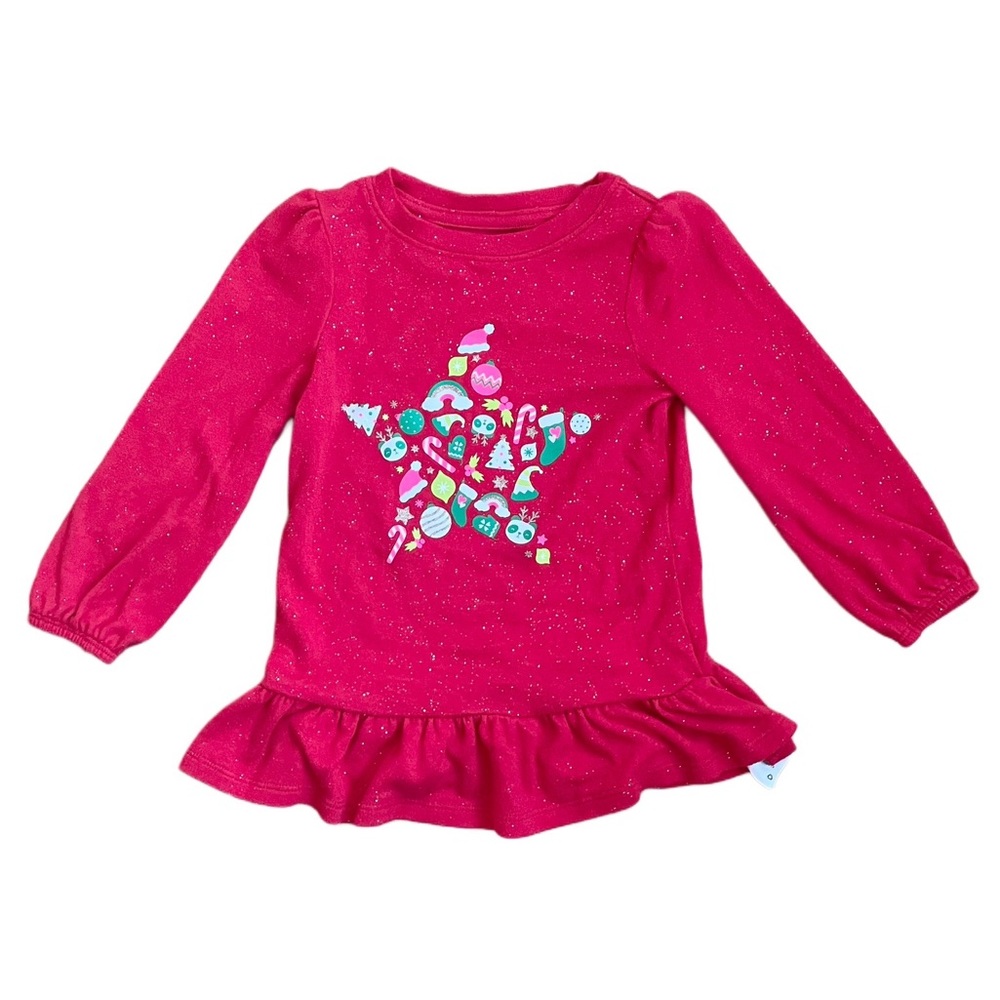 Cat & Jack Sparkle Red Star Holiday Christmas Long Sleeve Shirt 2T